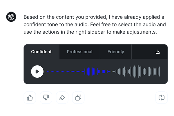 AI chat message applying a confident tone to audio, with Confident, Professional and Friendly tone tabs and a waveform player